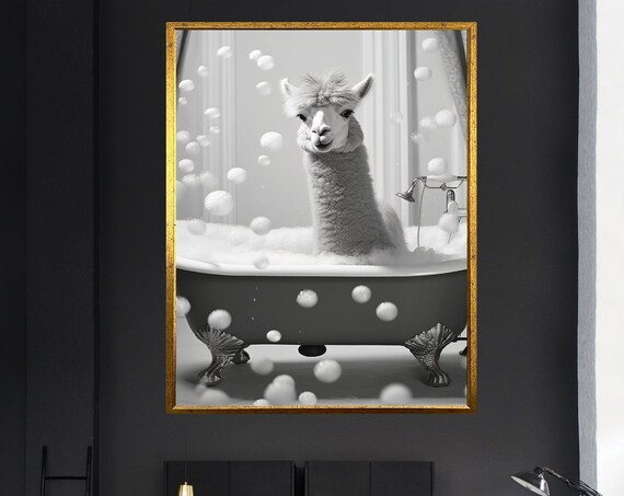 Cute Llama In Vintage Clawfoot Bathtub With Bubbles Funny Animal Wall Art