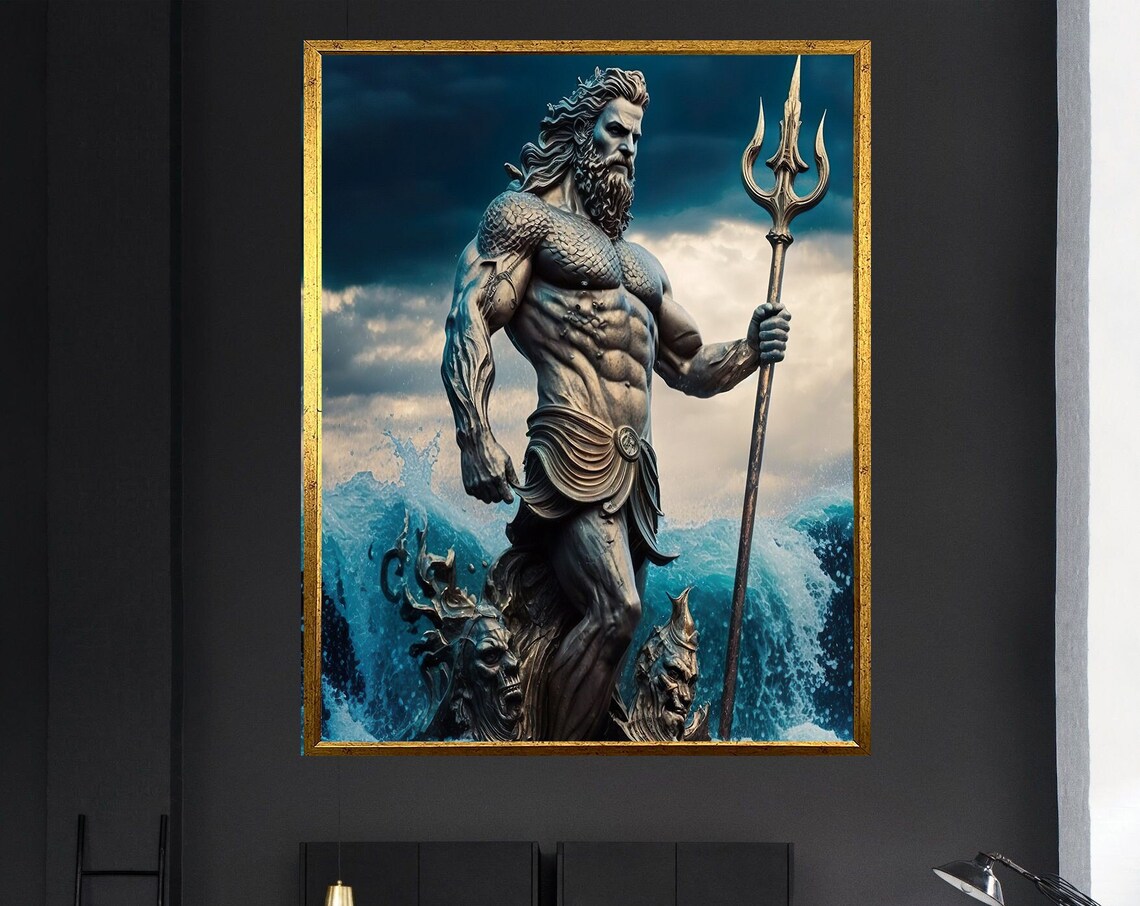 Poseidon God Of The Sea Bronze Statue Trident Stormy Ocean Art Poster