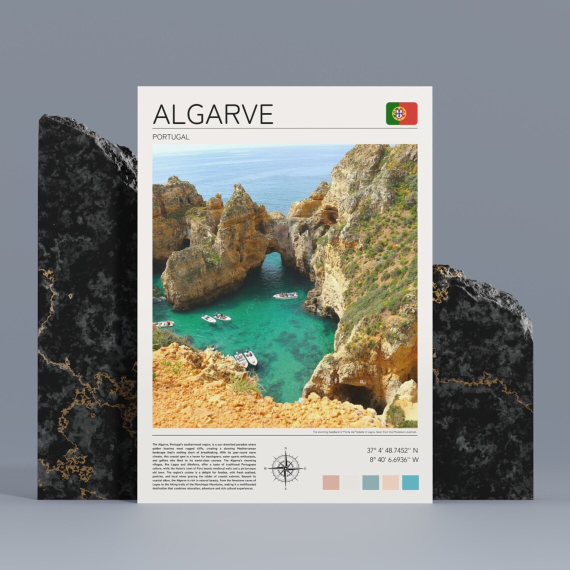 Algarve Portugal Sea Caves Emerald Water Kayak Boats Travel Poster - Image 5