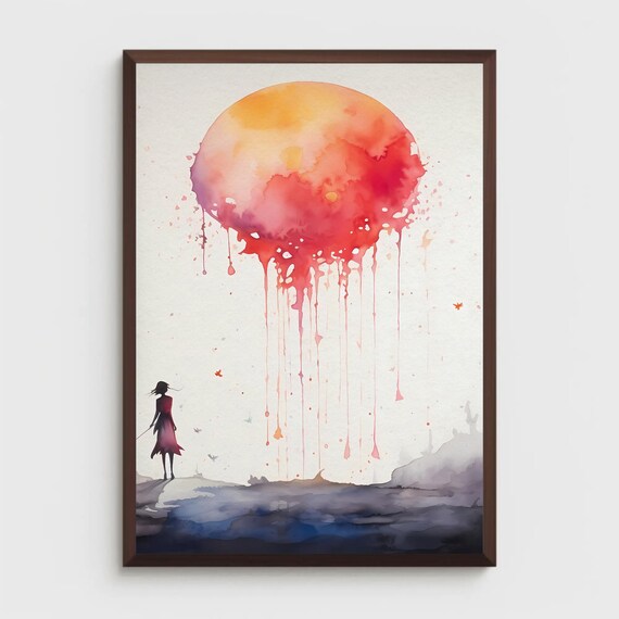 Woman Silhouette With Dripping Red Sun Surreal Watercolor Art Poster
