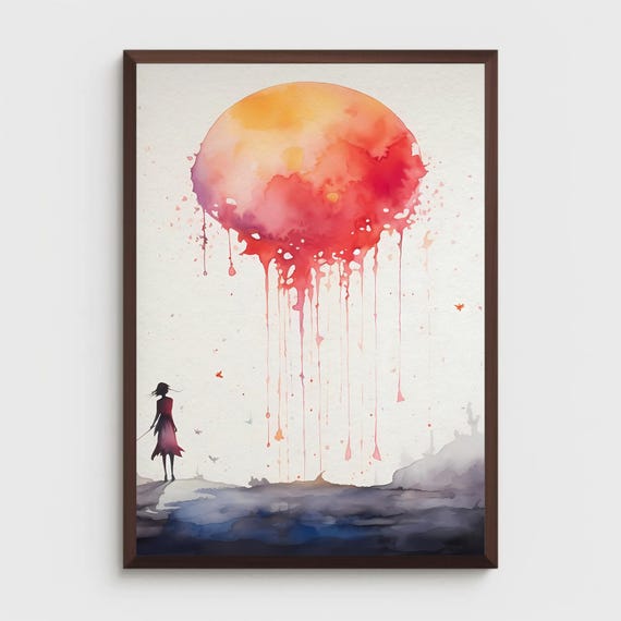 Women Walking Towards Melting Sun Fantasy Watercolor Painting Print Art Fantasia Style Red