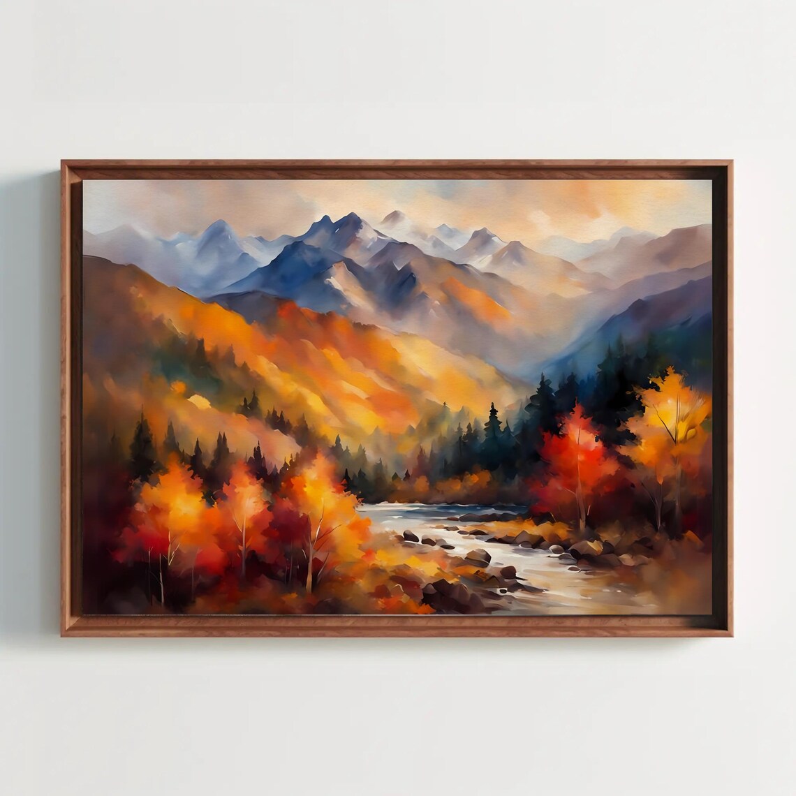 Fiery Autumn Foliage Mountain Valley Stream Watercolor Poster