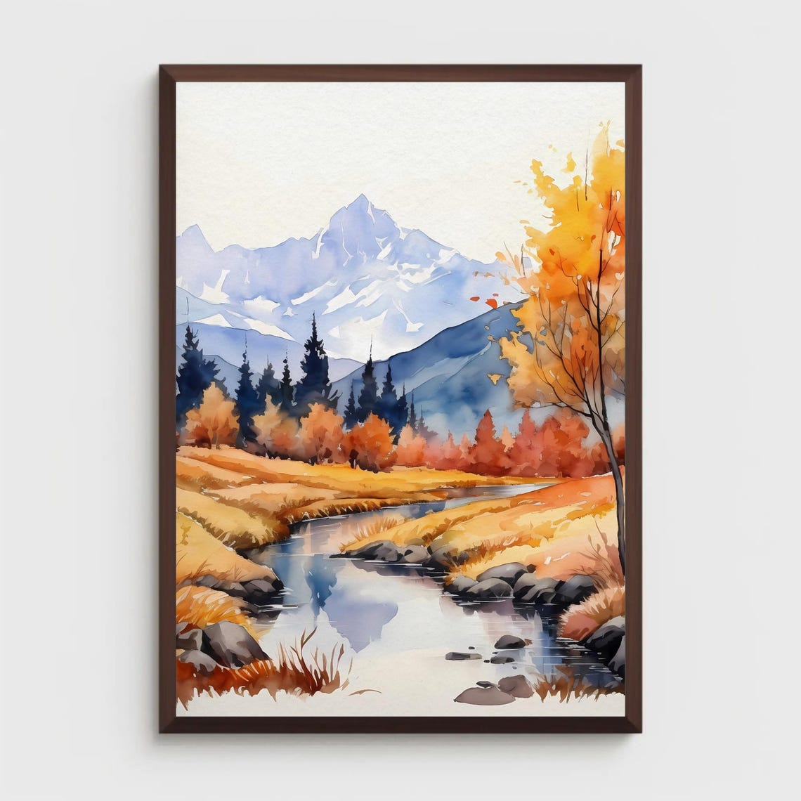 Fall Mountains Watercolor Painting Autumn Landscape Foliage Stream Mountain Art Wall