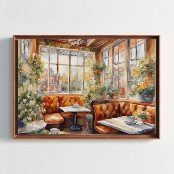 Cozy Spring Coffeehouse Interior With Fresh Blooms Watercolor Poster