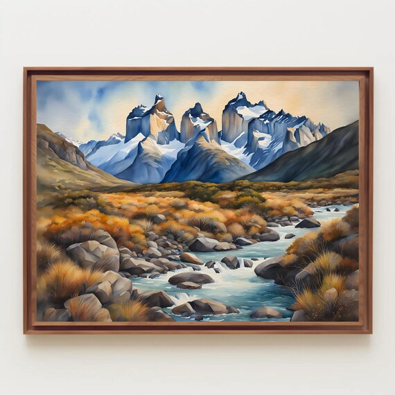 Torres del Paine Granite Towers River Watercolor Landscape Poster