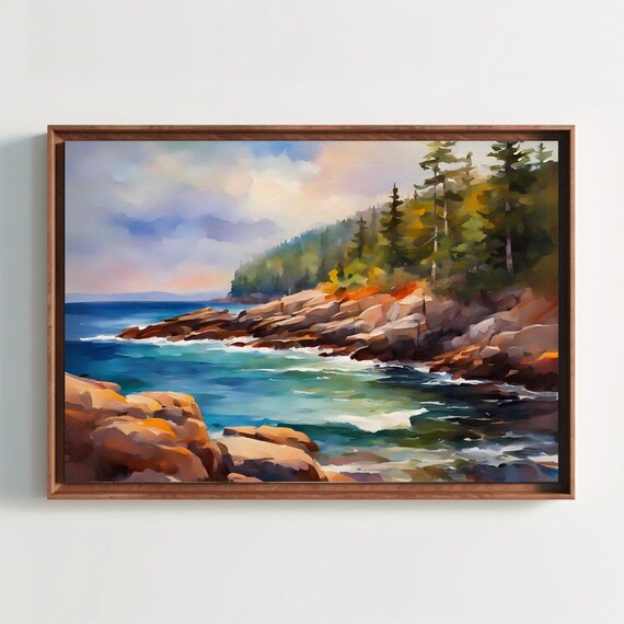 Acadia National Park Rocky Coast Ocean Watercolor Scenic Poster