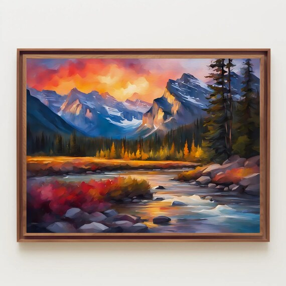 Banff National Park Sunset Mountain River Watercolor Scenic Poster