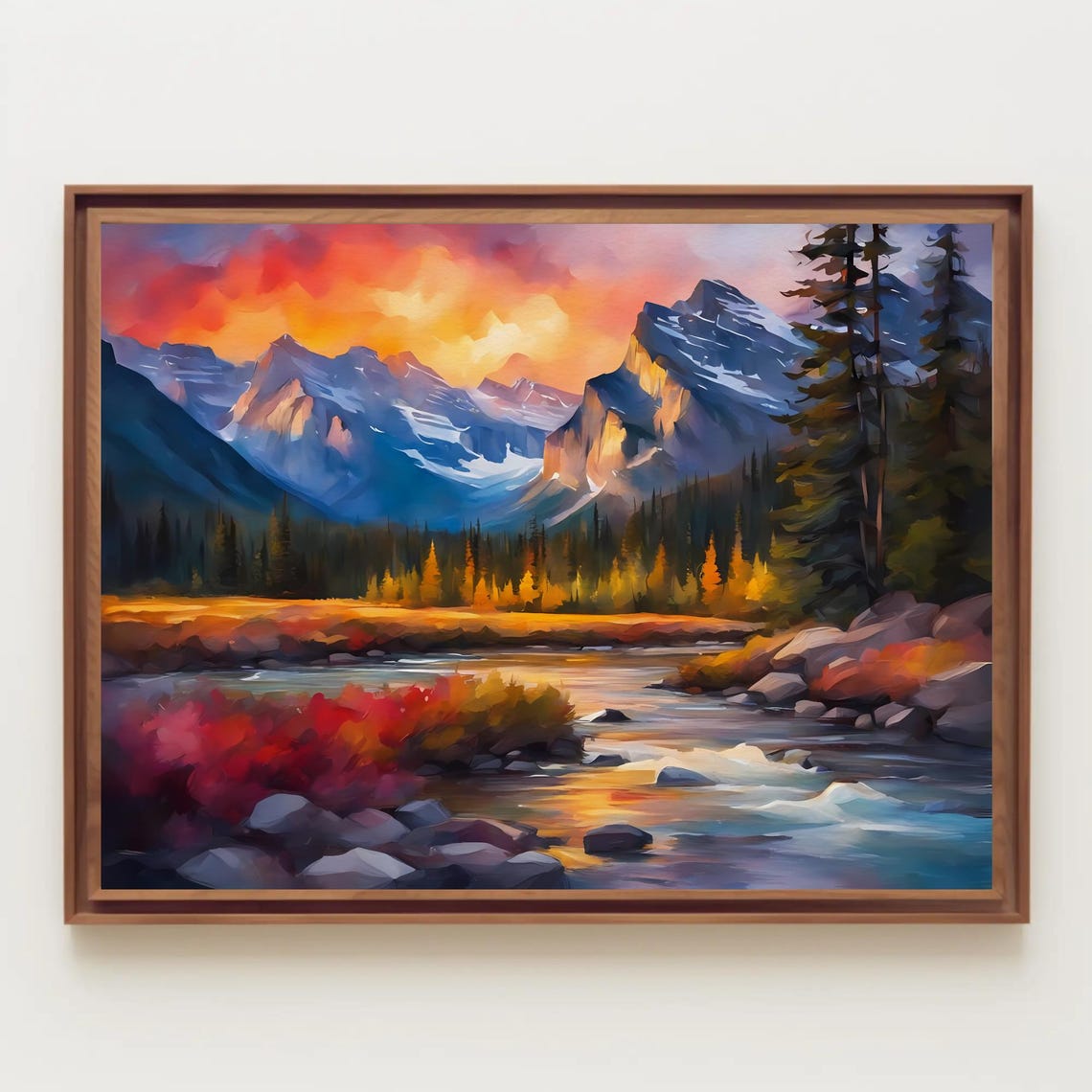 Banff National Park Sunset Mountain River Watercolor Scenic Poster