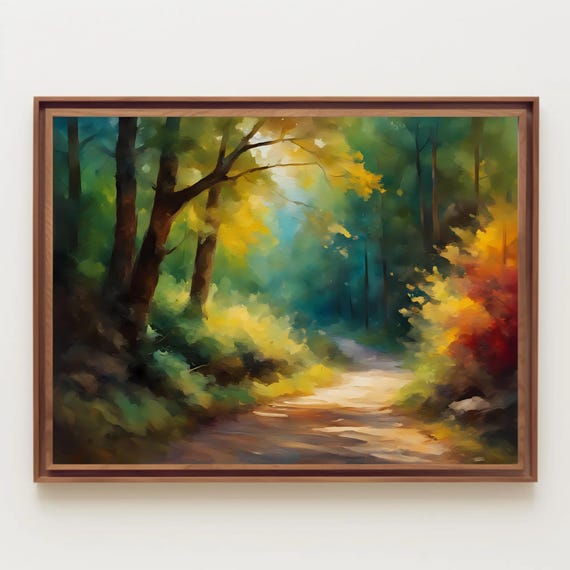 Countryside Road Watercolor Painting Print Through Forest Tree Art Farmhouse Wall
