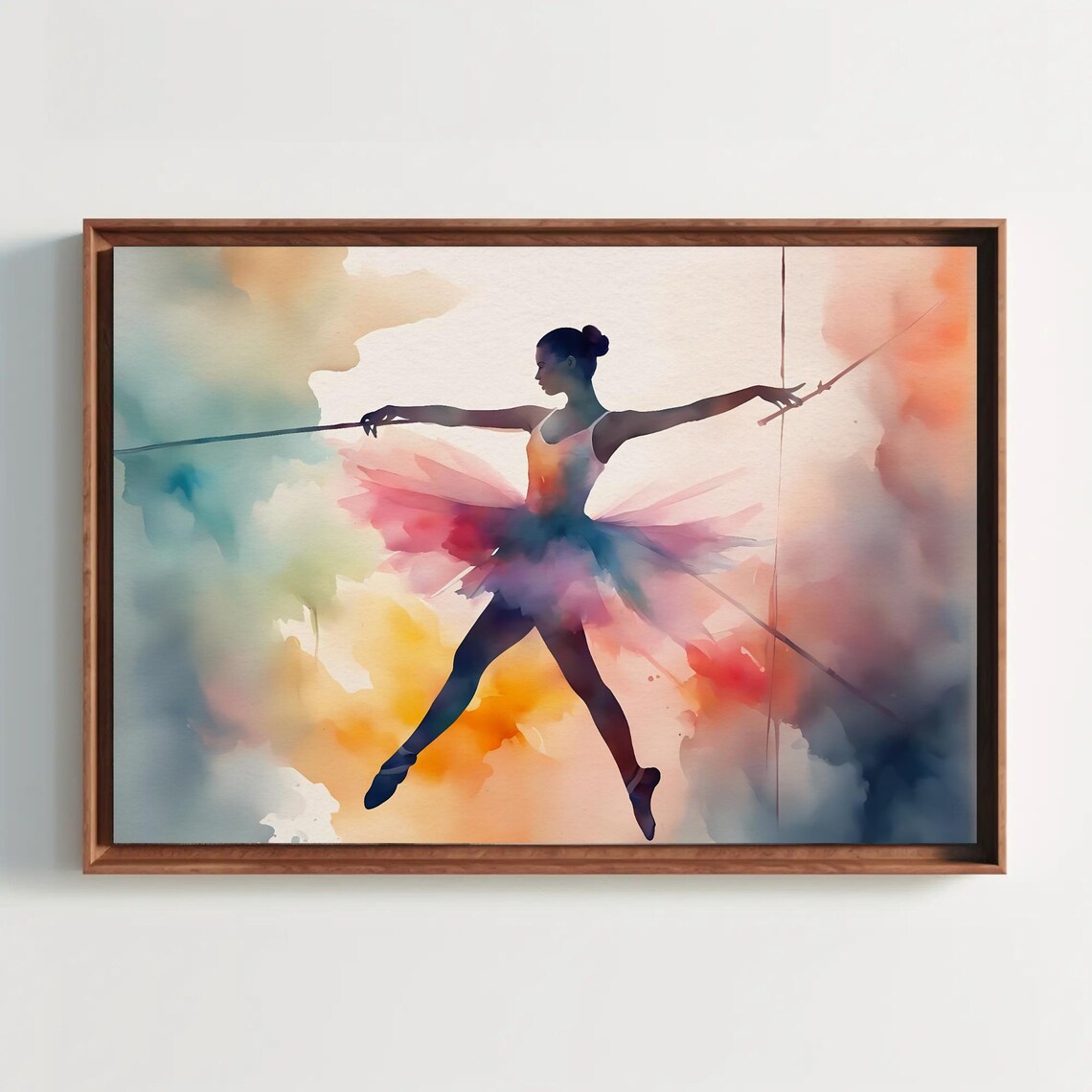 Ballerina in Mid Leap Silhouette with Colorful Watercolor Splashes Poster
