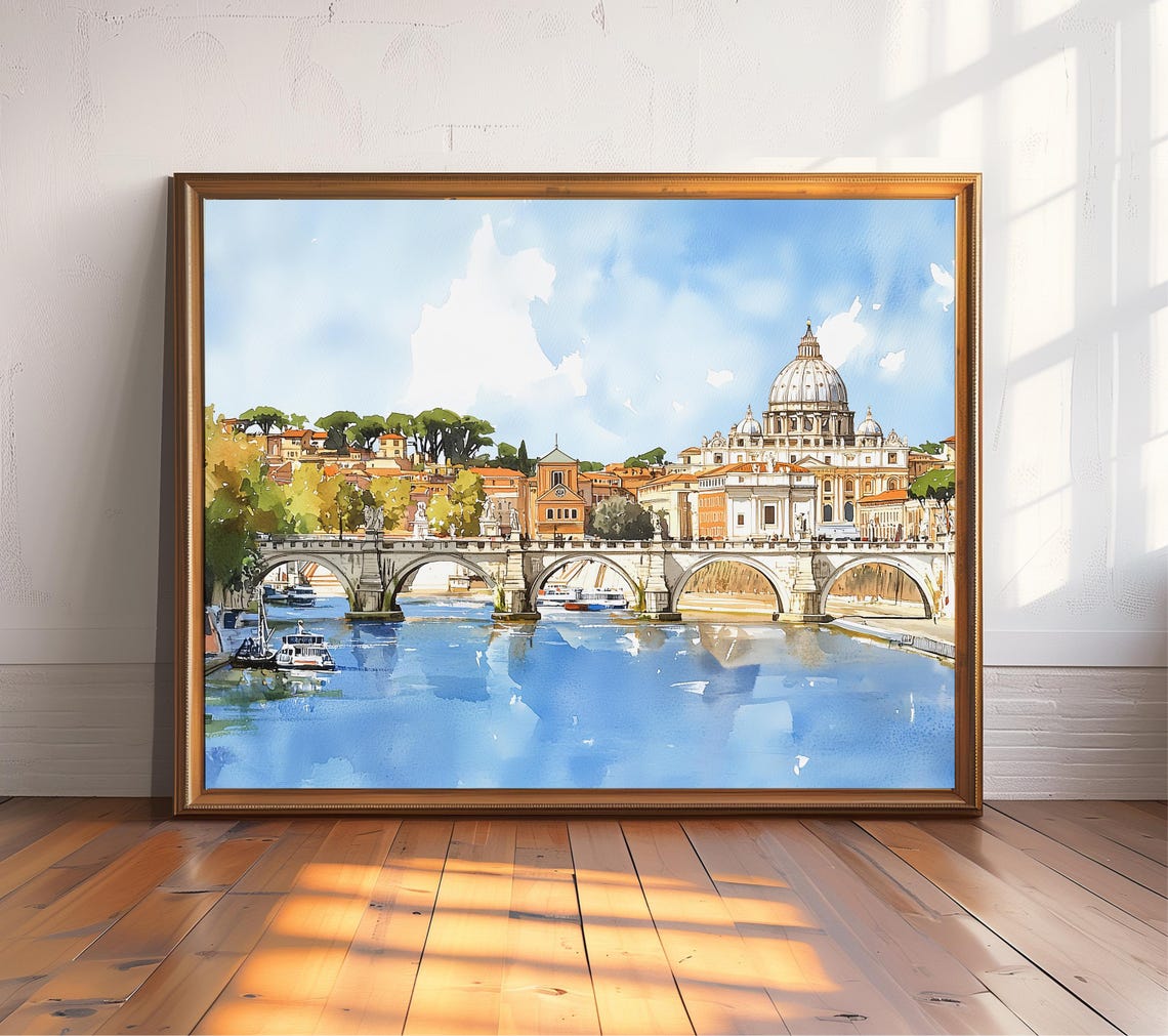 Rome Italy St Peters Basilica Tiber River Watercolor Art Poster