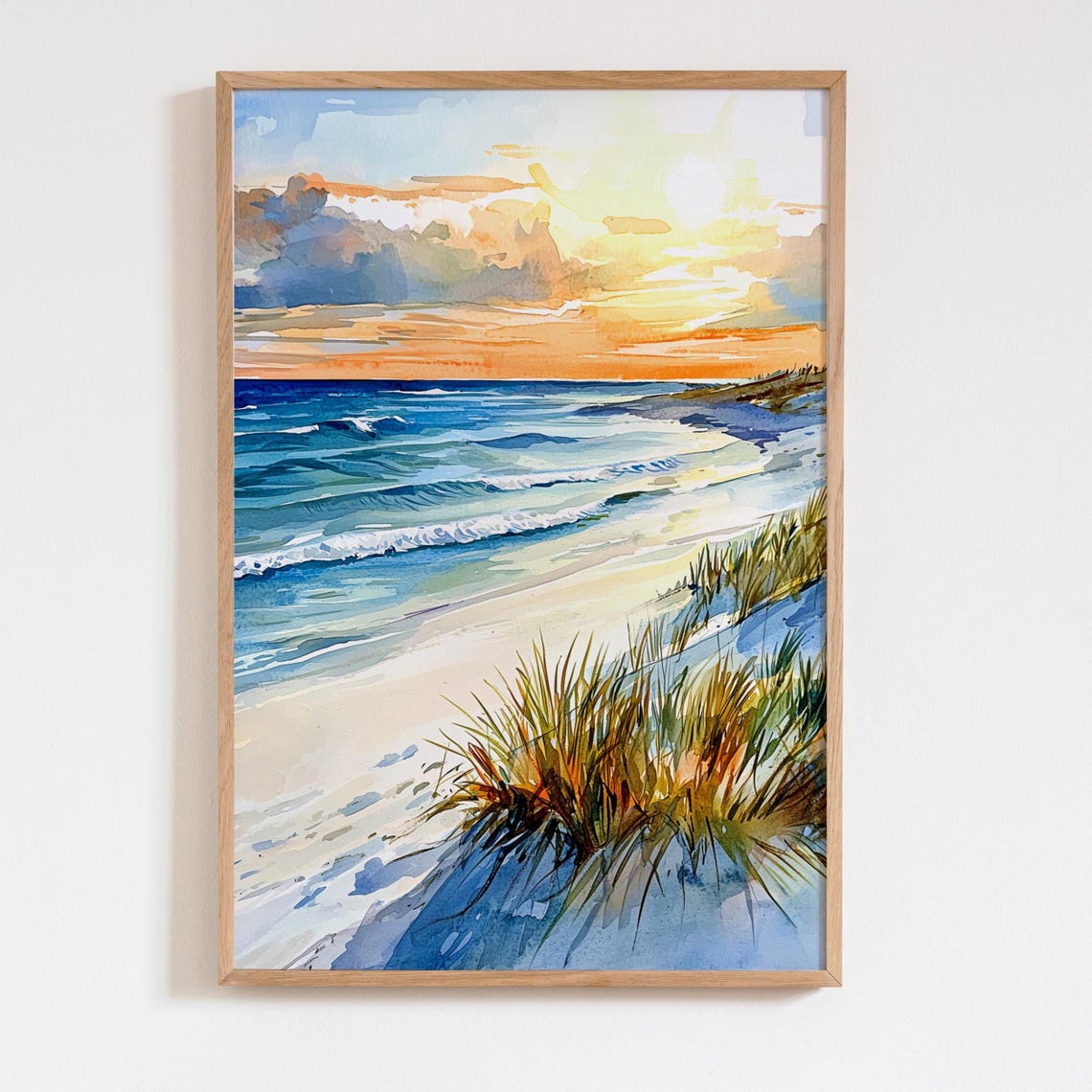 Ocean Beach Sunset Watercolor Waves Dune Grass Summer Wall Art