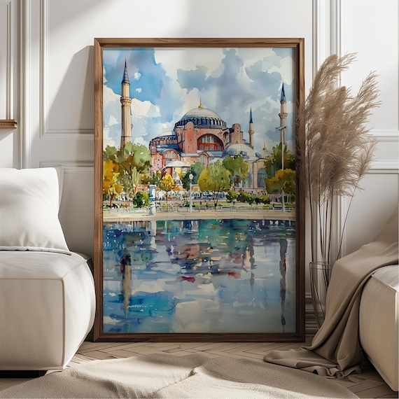 Hagia Sophia Istanbul Turkey Watercolor Mosque Reflection Art Poster