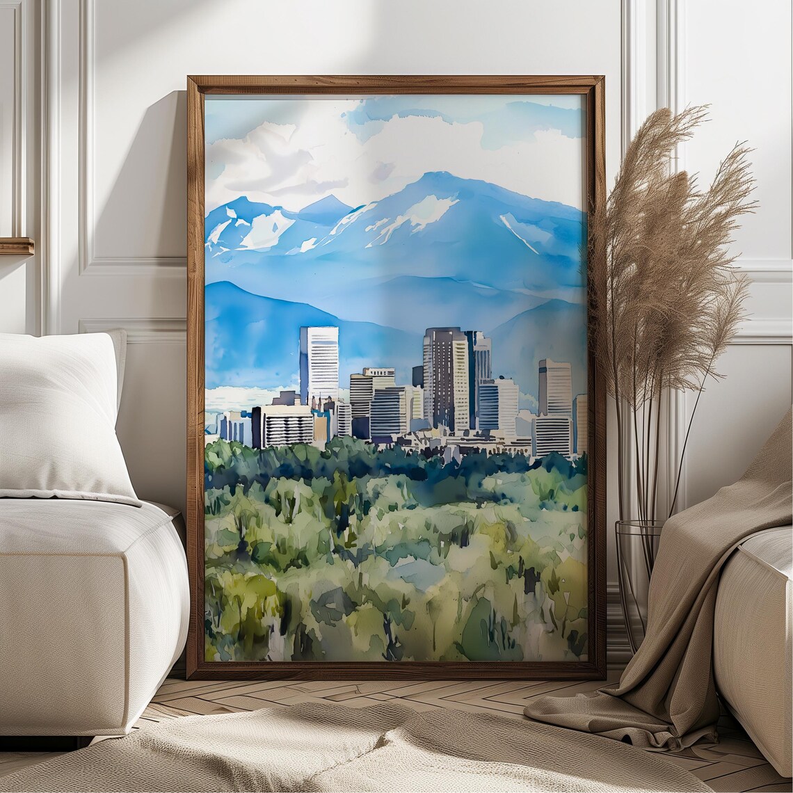 Denver Skyline Watercolor Rocky Mountains Snow Peak Cityscape Wall Decor Poster
