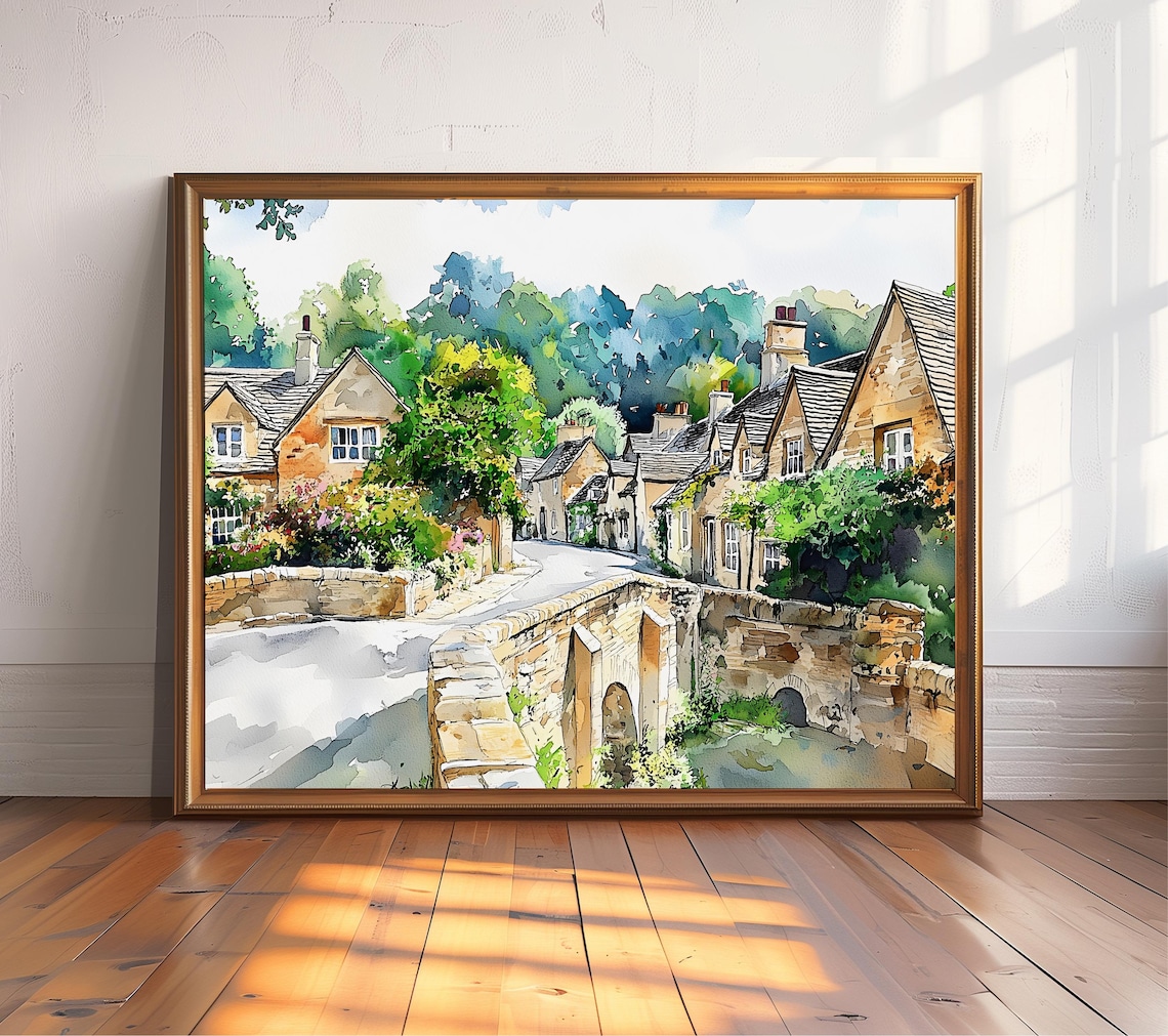 English Countryside Watercolor Art Print, Cotswold Village