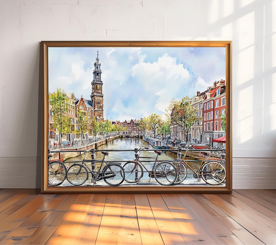 Amsterdam Watercolor Cityscape, Netherlands Travel Poster