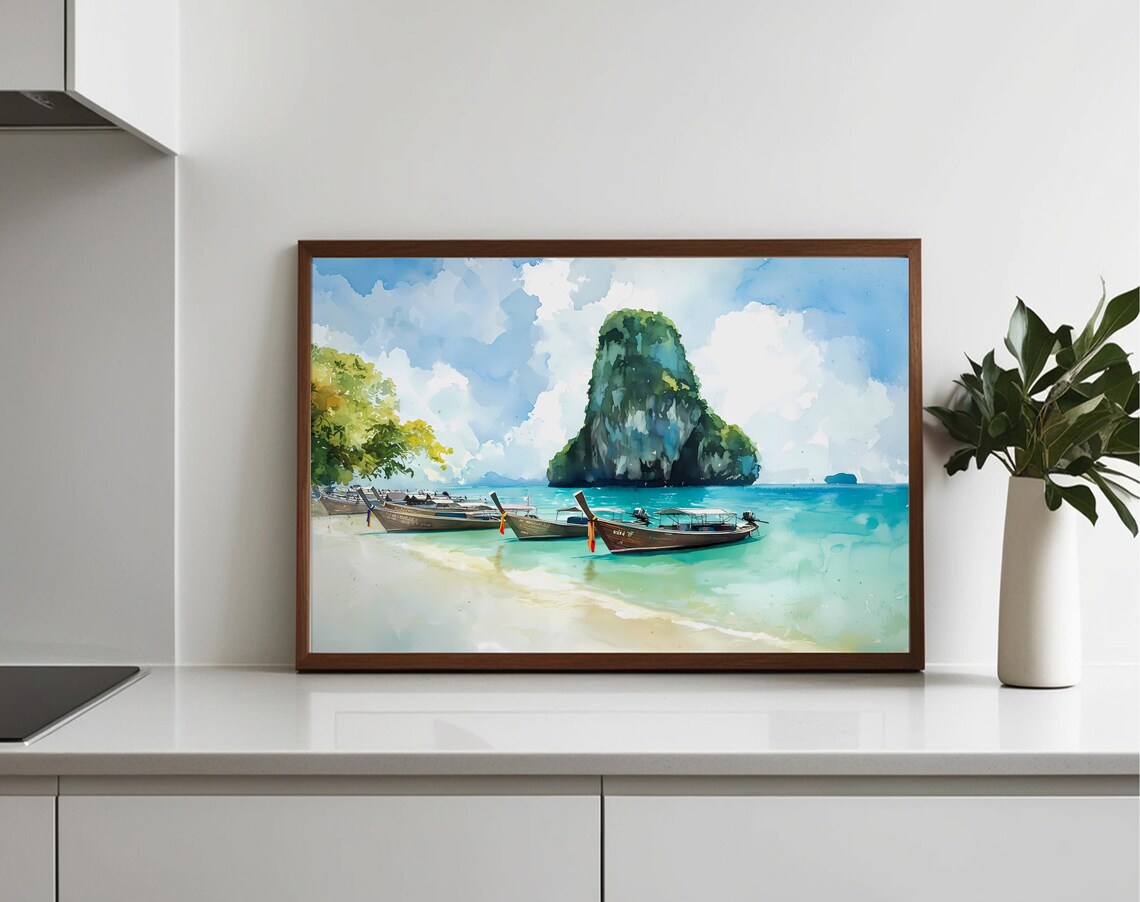 Thailand Longtail Boat Tropical Island Beach Watercolor Art Poster