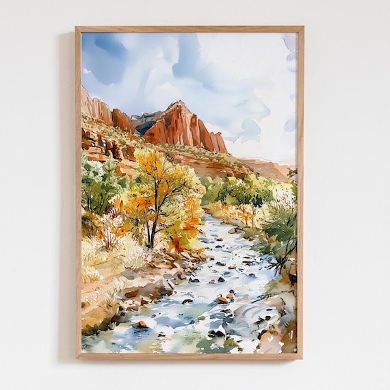 Zion National Park Watercolor Painting Red Cliffs River Autumn Scenic Poster