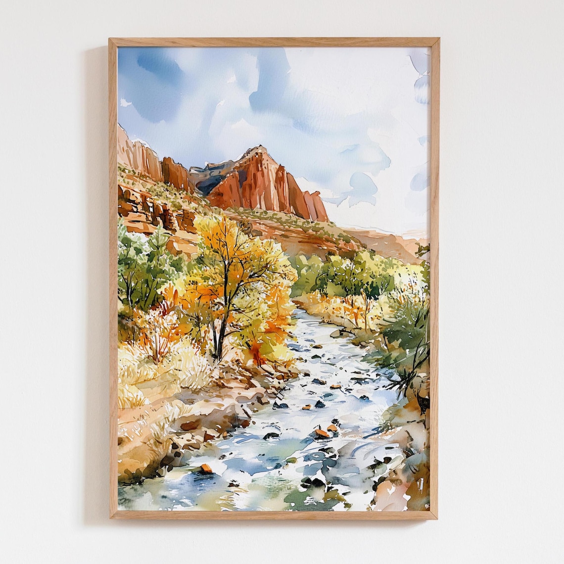 Zion National Park Watercolor Painting Red Cliffs River Autumn Scenic Poster