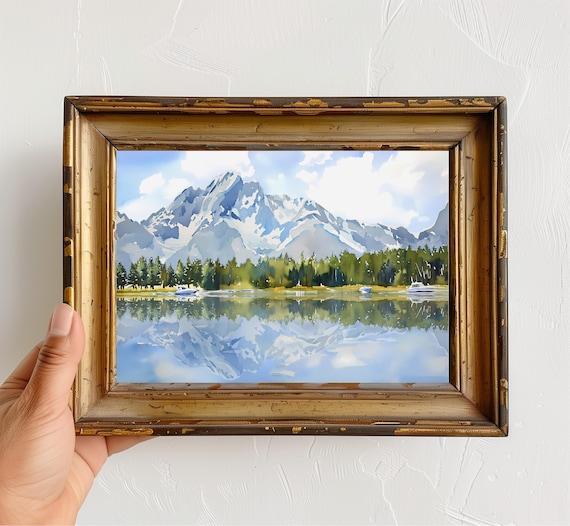 Grand Teton Jackson Lake Watercolor Boats Mountain Reflection Wall Art