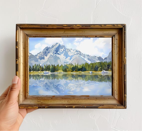 Grand Teton Watercolor Print Jackson Lake Landscape Art Pastel Mountain Wall Decor Camping Nature Gift For Him Her