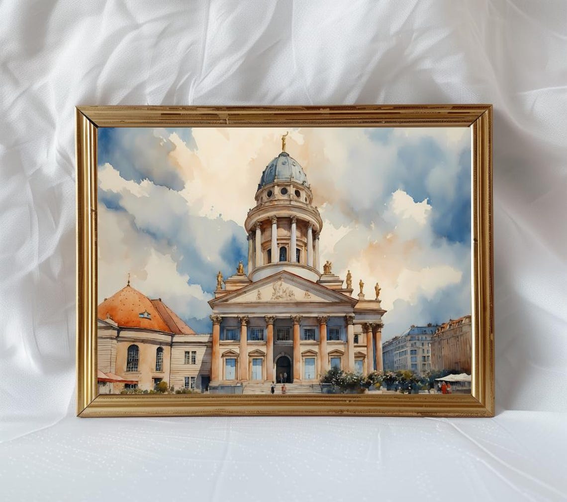 French Church Of Friedrichstadt In Berlin Watercolor Art Print Poster Germany Travel Wall Decor Gendarmenmarkt Square Painting