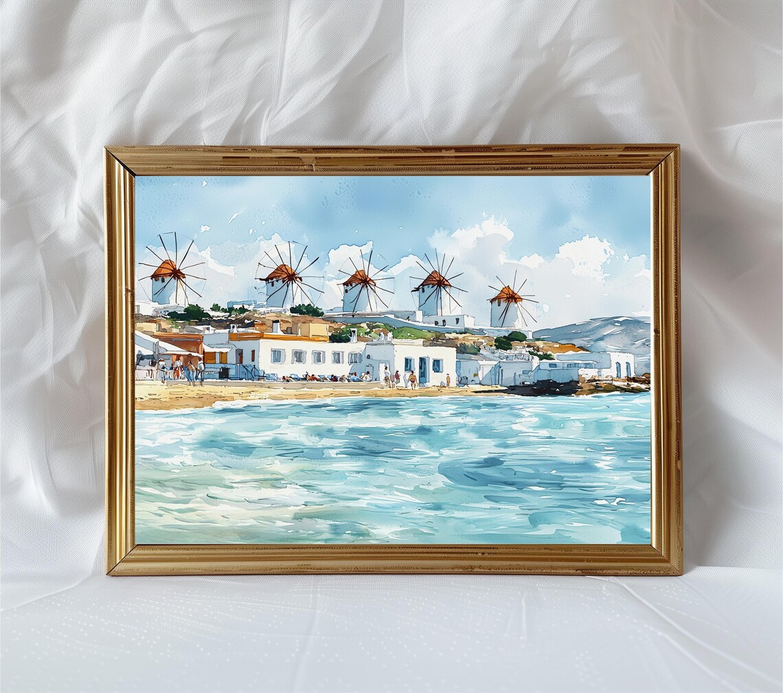 Mykonos Watercolor Print, Greek Island Travel Poster