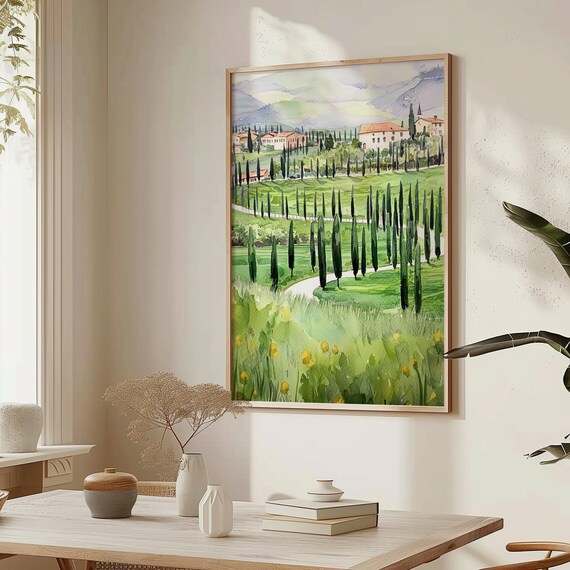 Tuscan Cypress Trees Watercolor Italian Countryside Villa Valley Poster