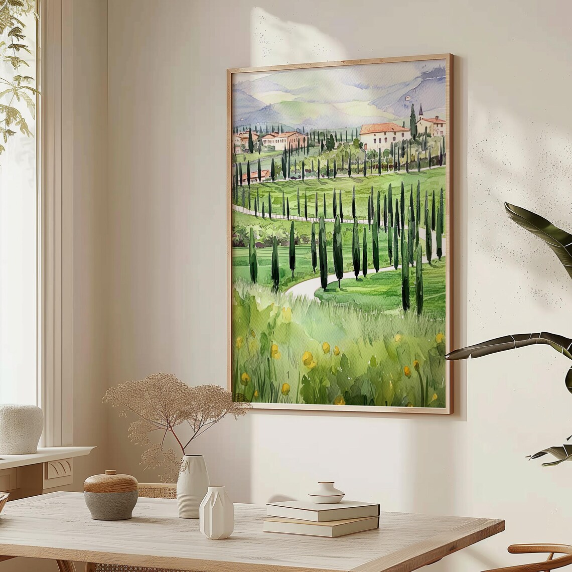 Tuscan Cypress Trees Watercolor Italian Countryside Villa Valley Poster