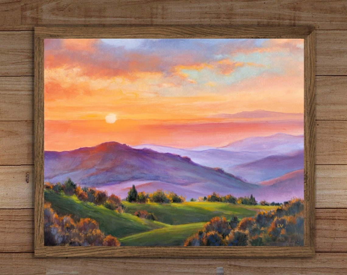Adirondacks Landscape Art Print Colorful Country Scene Evening Mountains Painting Oak Trees Green Meadow Art Sky Clouds Sunset Poster - Image 6