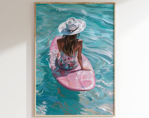 Woman On Surfboard Painting Pink Coastal Surfer Surfing Wall Art Summer Decor Preppy Cute Girls Dorm Room Retro Print