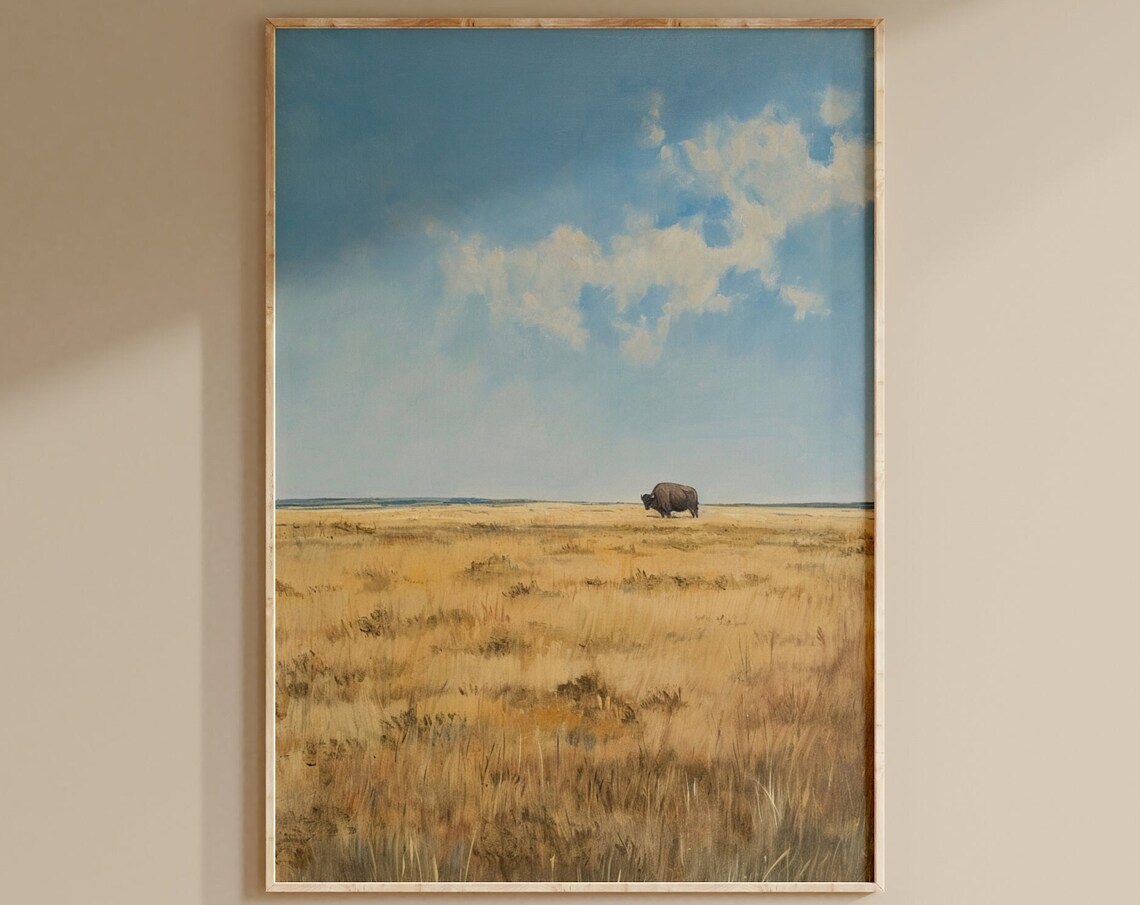 Lone Bison on a Golden Prairie Vintage Western Oil Painting Poster