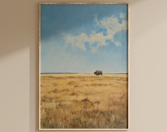 Lone Bison on a Golden Prairie Vintage Western Oil Painting Poster