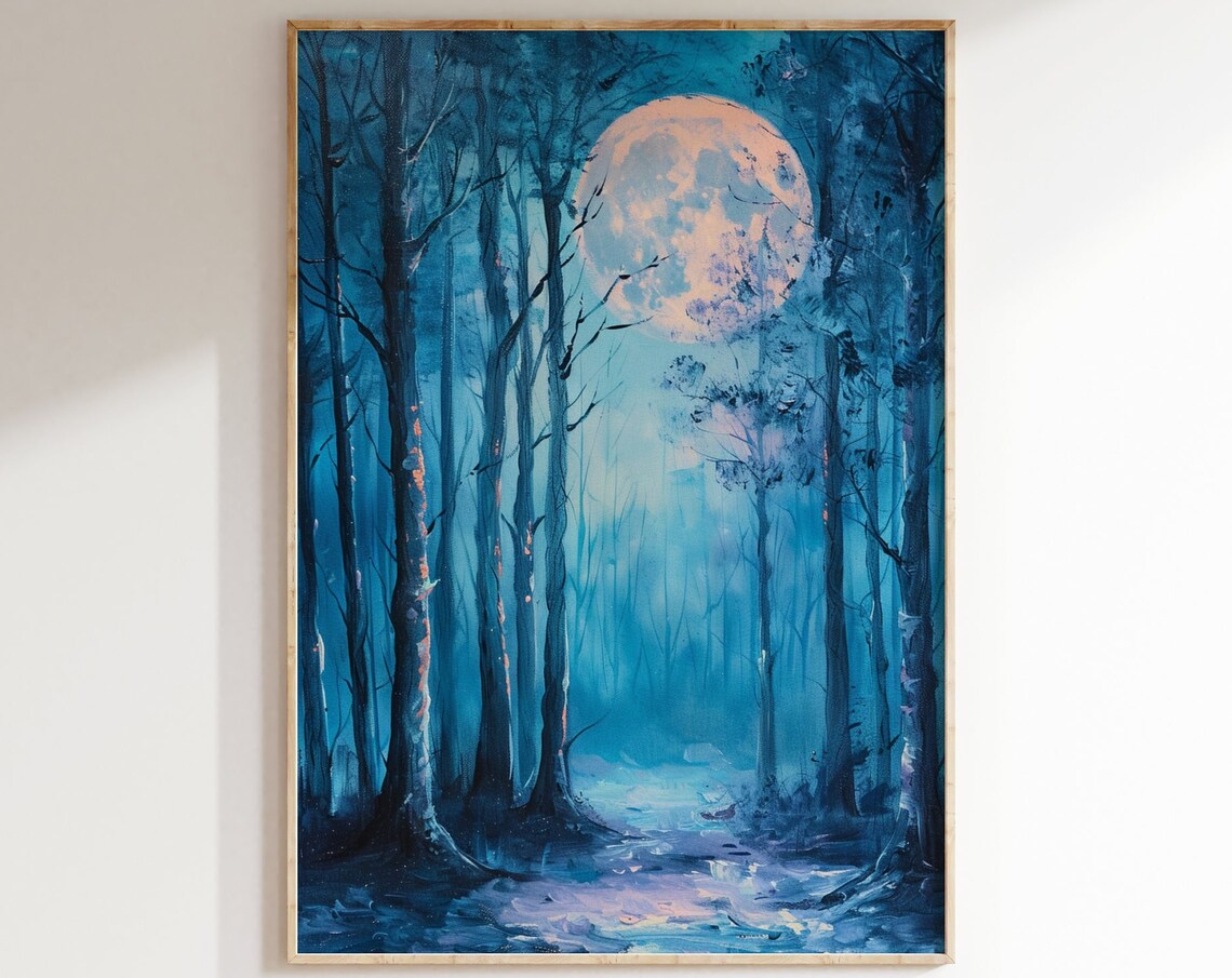 Pink Full Moon Bare Trees Blue Forest Magical Night Woods Halloween Art Poster