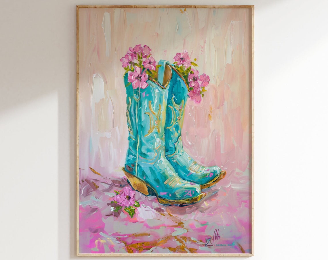 Turquoise Cowboy Boot Pink Flowers Preppy Pink Coastal Art Poster - Image 2