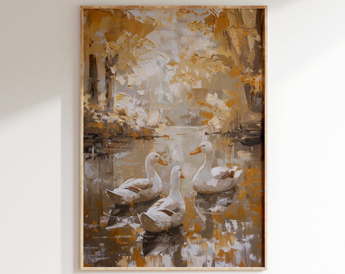 Three White Ducks Golden Autumn Pond Impasto Wildlife Painting Poster