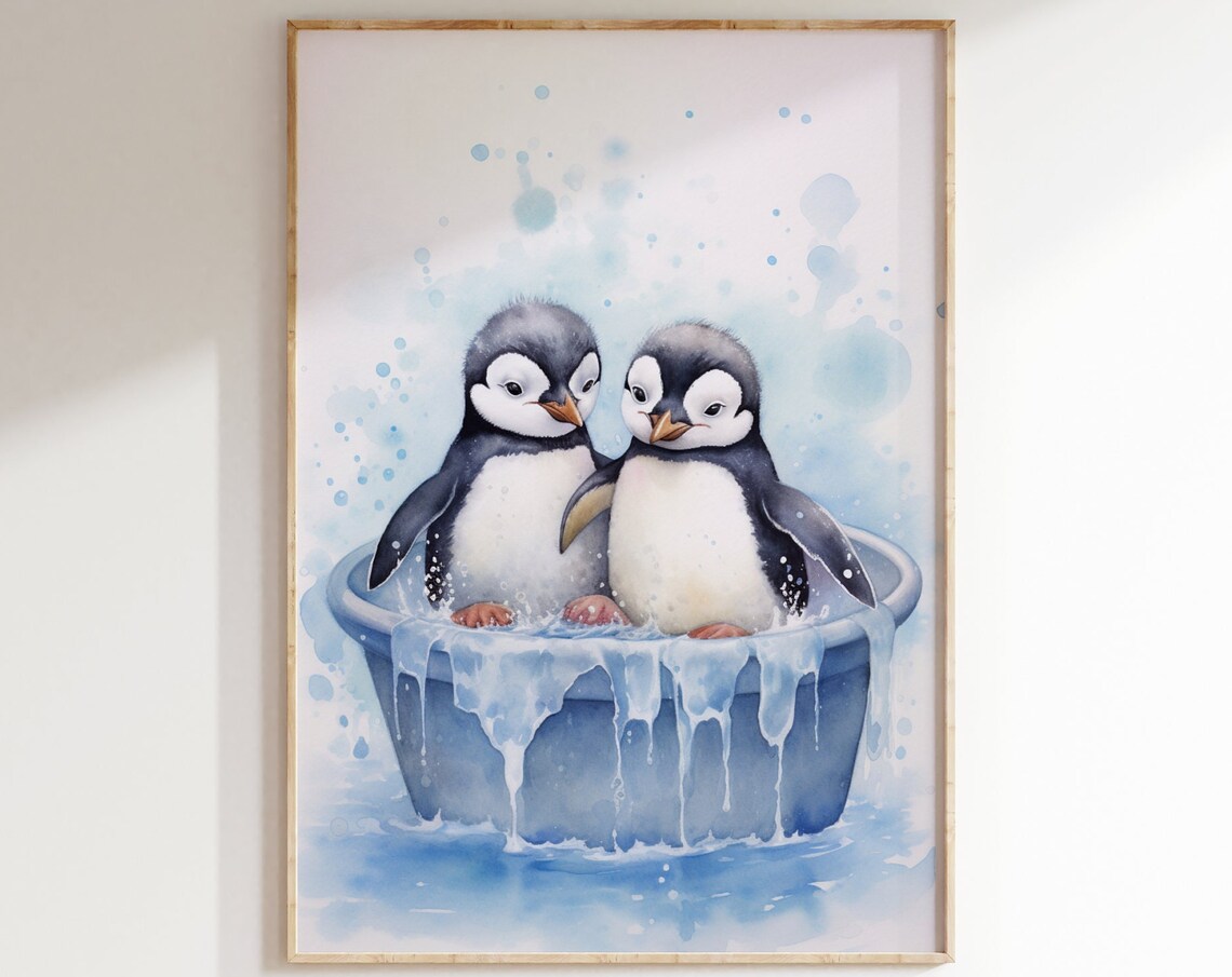 Two Baby Penguins Splashing In Blue Bathtub Watercolor Poster