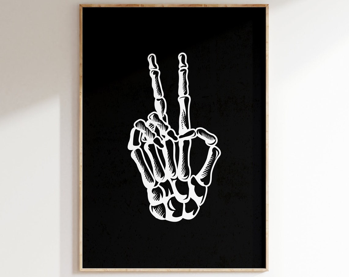 Halloween Wall Art Skeleton Peace Sign Hand Wall Art Fall Decor Moody Dark Black And White Bones Spooky