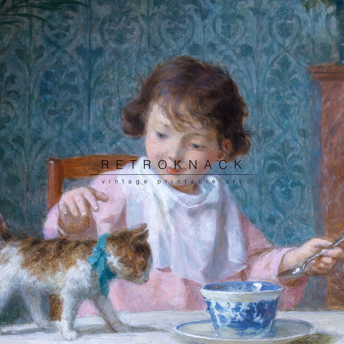 Little Girl Cat Wall Art French Antique Oil Painting Print Farmhouse Decor Pt20 - Image 2