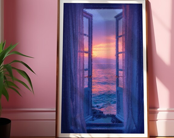 Ocean Sunset Through Open French Doors Coastal Serenity Wall Art