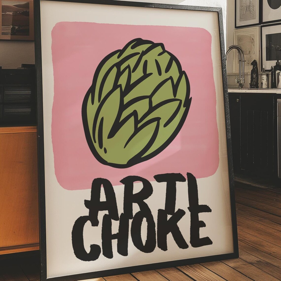 Cheerful Green Artichoke Poster with Bold Black Lettering on Pink