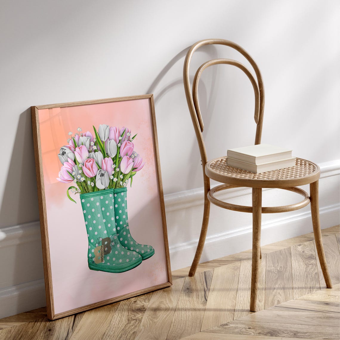 Pastel Pink Tulips in Green Polka Dot Rain Boots Spring Poster