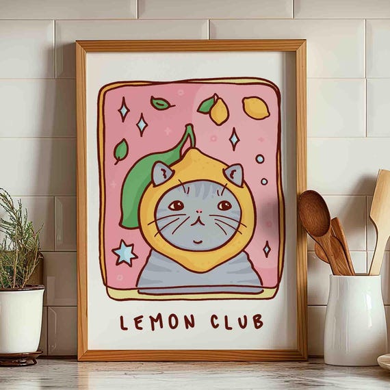 Lemon Club Cat Poster Fruit Art Print Retro Diner Foodie Kitchen Trendy Quirky Cute Kitten Illustration