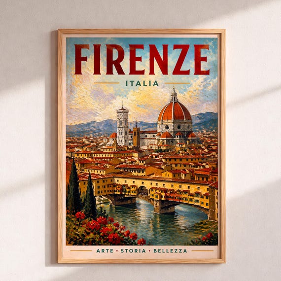 Florence Italy Vintage Travel Poster Duomo Tuscany Wall Art Ponte Vecchio Italian Cityscape Print Retro Decor Gift