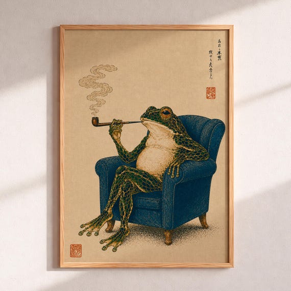 Frog Smoking Pipe Poster Japanese Ukiyoe Style Wall Art Living Room Decor Quirky Anthropomorphic Animal Print Gift For Lover