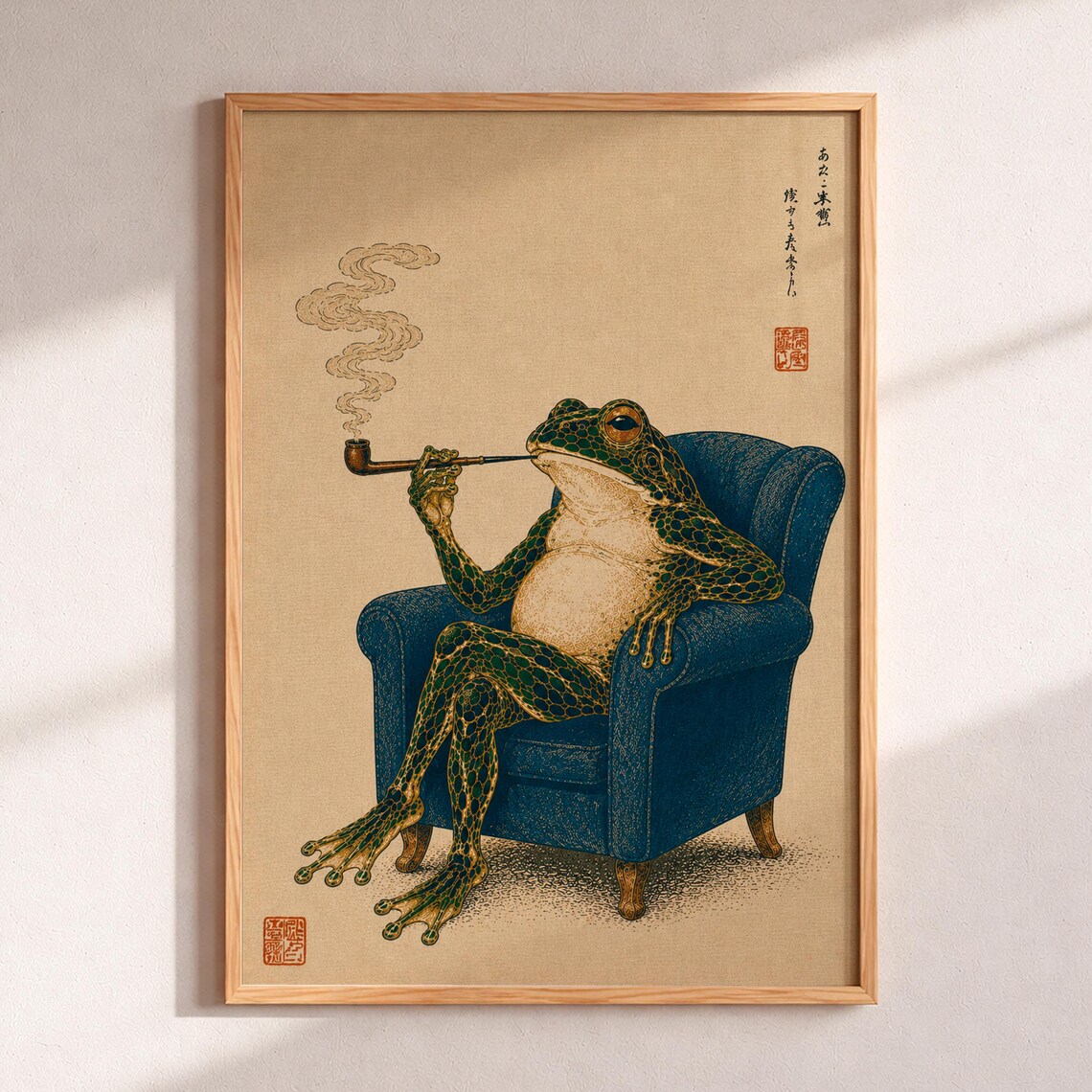 Smoking Frog Pipe Armchair Japanese Ukiyo Style Funny Poster
