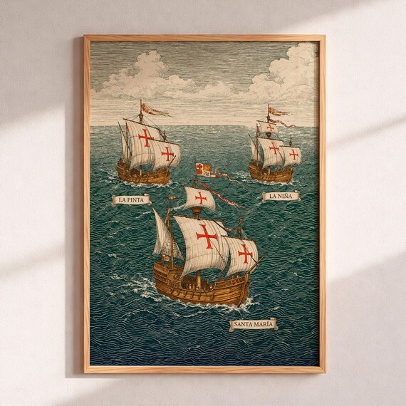 Christopher Columbus Ships La Pinta Nina Santa Maria Vintage Nautical Poster