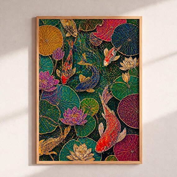 Vibrant Koi Fish Mosaic Lotus Pond Exotic Colorful Nature Poster