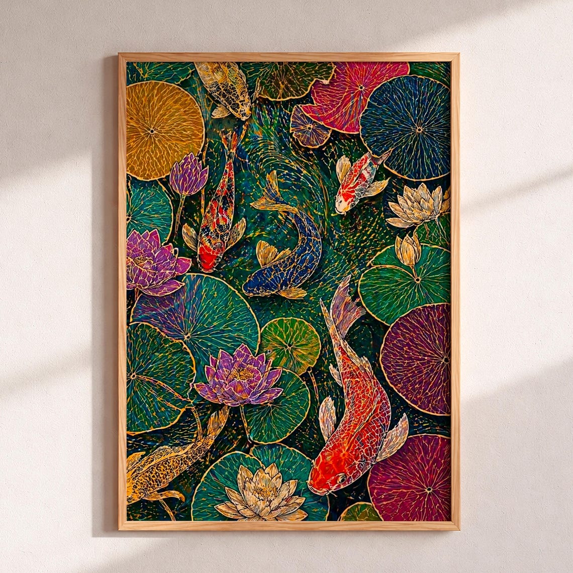 Vibrant Koi Fish Mosaic Lotus Pond Exotic Colorful Nature Poster