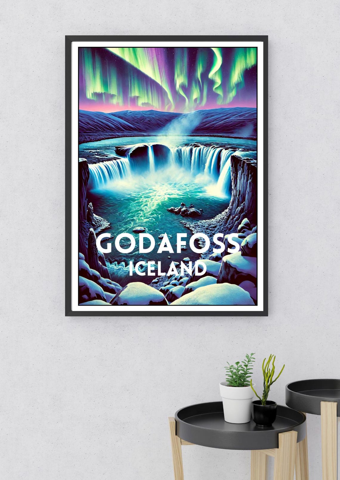 Godafoss Iceland Northern Lights Aurora Night Waterfall Travel Poster - Image 2